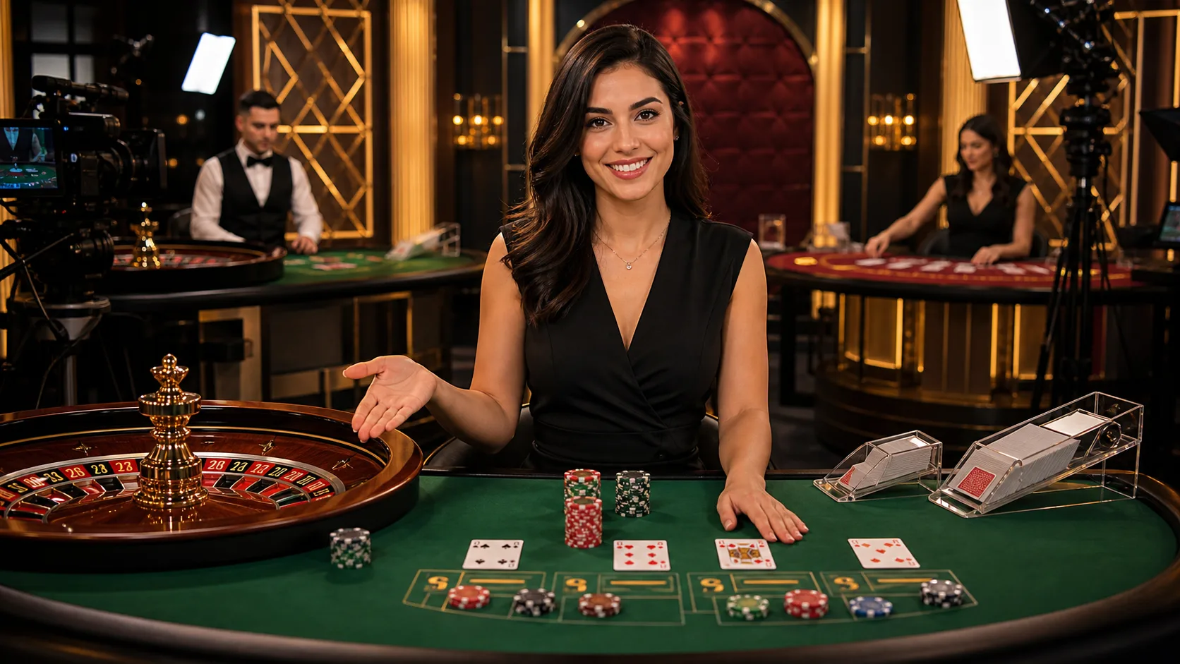 Dealer real em mesa de cassino ao vivo com cartas e roleta