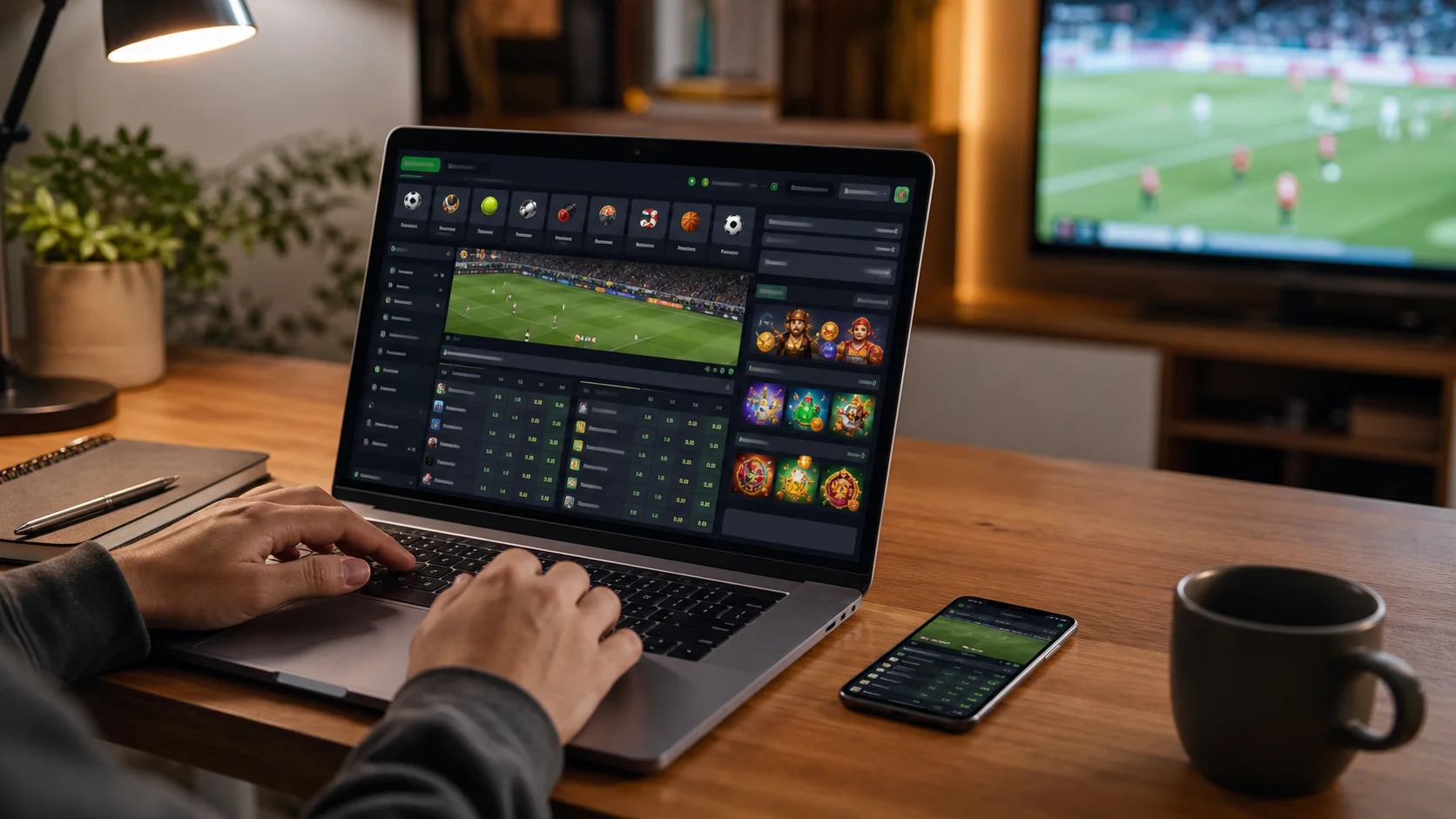 Plataforma meccabingo em notebook e celular com apostas esportivas e cassino online